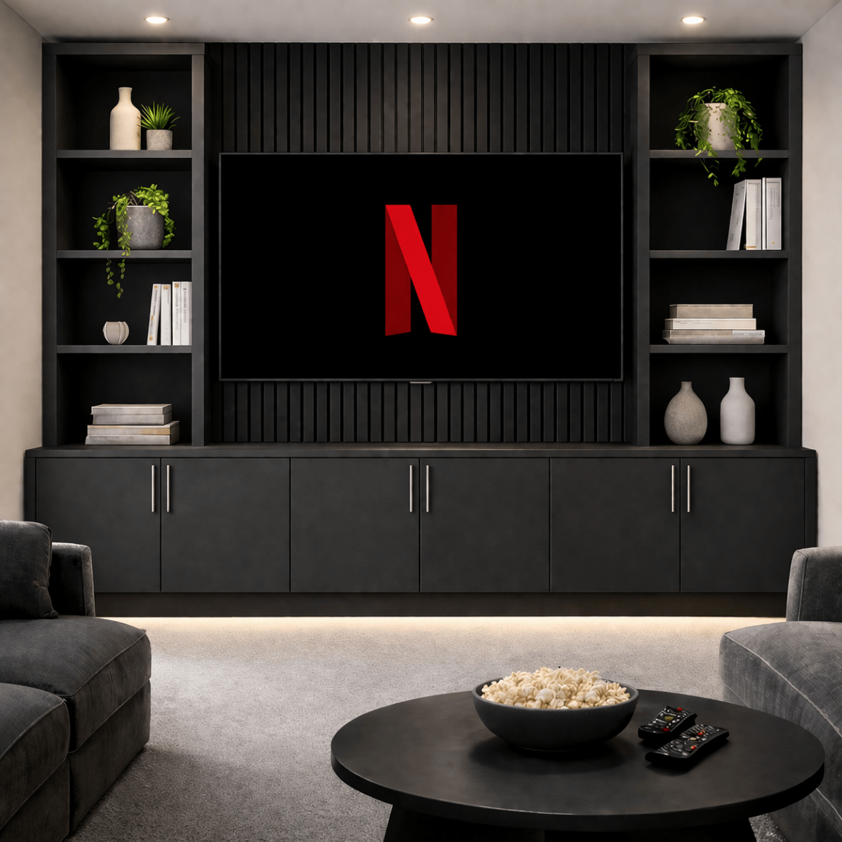 Graphite media wall with double bookcases and concealed storage